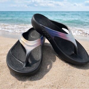 OOFOS Black Foam Flip Flops with Iridescent Strap